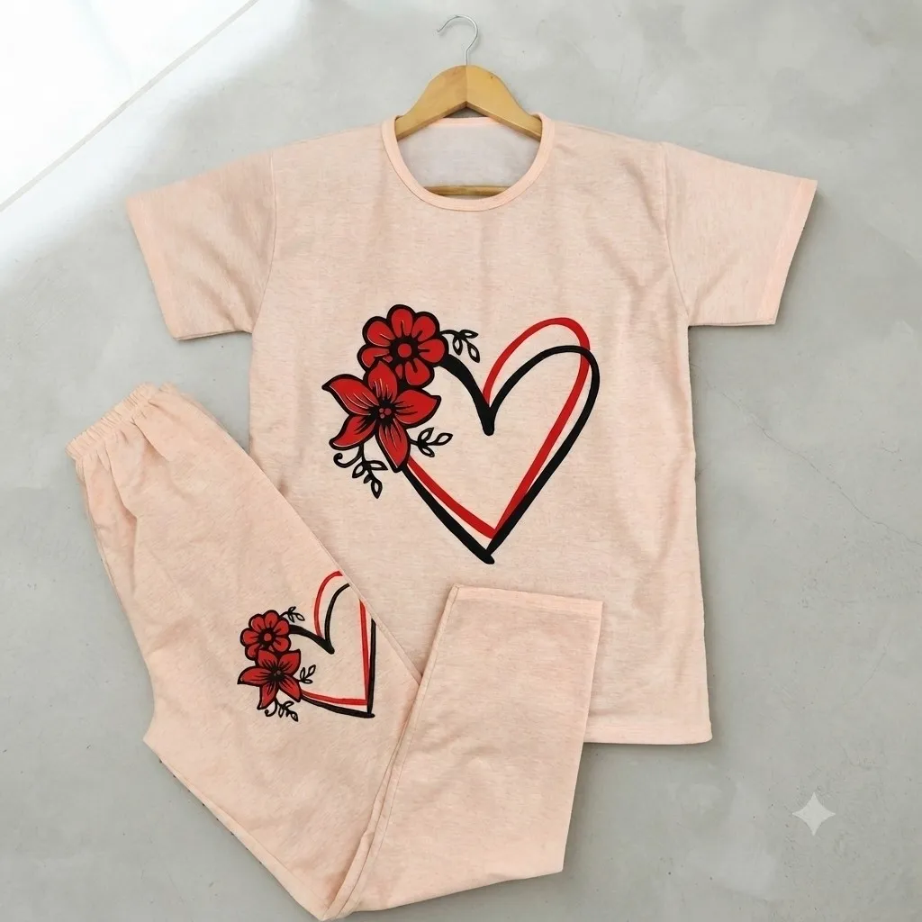 ست تیشرت و شلوار زنانه نخ پنبه و ملانژ گلبهی فری سایز