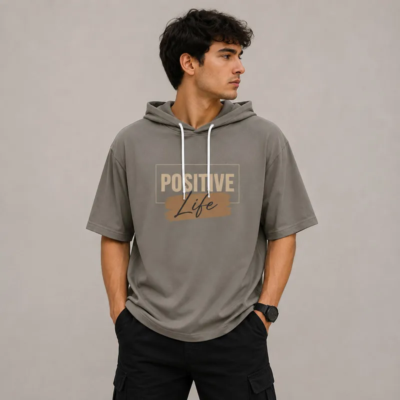 تی شرت مردانه کلاهدار پنبه ای طرح حروف مدل positive