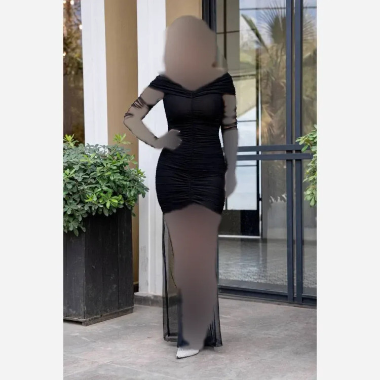 پیراهن بلند مشکی زنانه جنس فلامنت و تور سایز 40 تا 46 قد 150