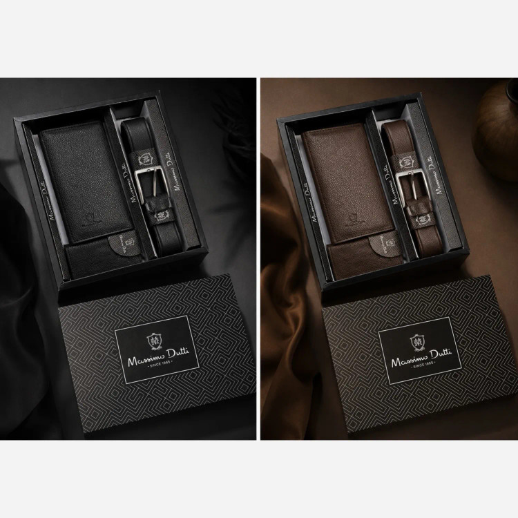 ست کادویی مردانه شامل کیف پول جاکارتی و کمربند چرم صنعتی با جعبه شیک