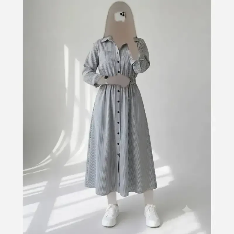 پیراهن لینن راه راه زنانه نیلا قد 125 سانتی متر