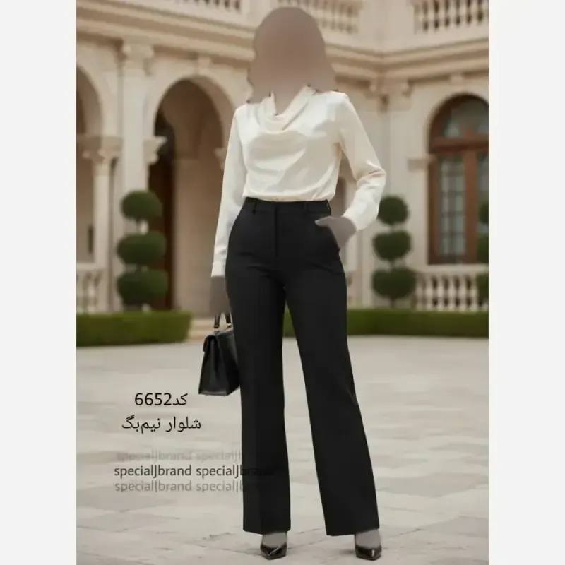 شلوار نیم بگ زنانه کرپ دابل مشکی قد 105 جیب دار