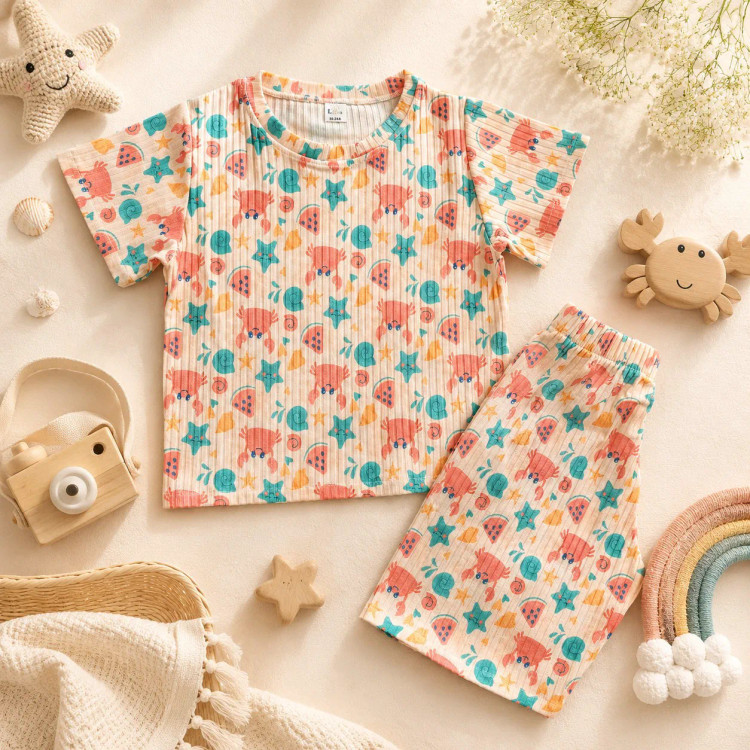 ست تیشرت و شلوارک نوزادی لوکا طرح خرچنگ رنگی نخ پنبه پلی استر 6 تا 24 ماه